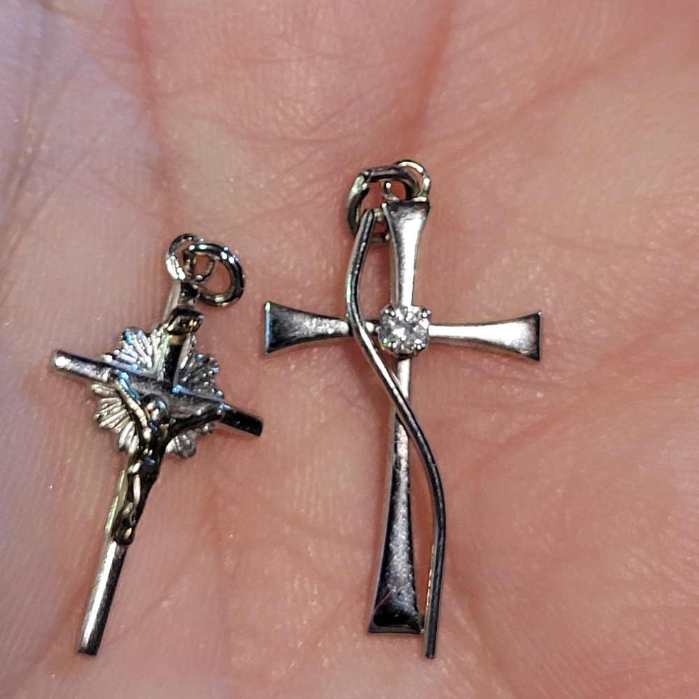 Set of 2 Miniature Sterling Silver Cross Pendants 925 Religious Catholic Jewelry